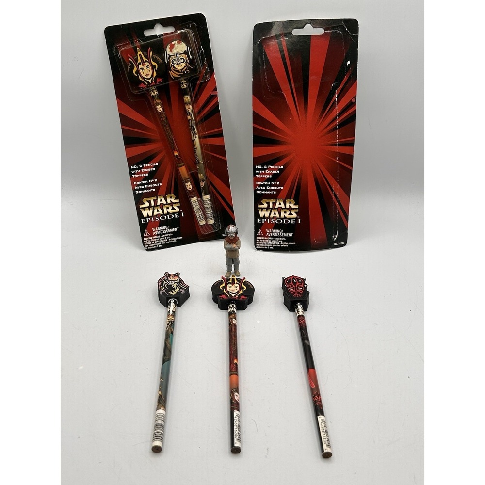 1999 Star Wars Episode 1‎ Office supplies Figure Eraser & 5 Pencils W/ Topper